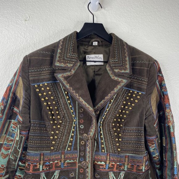 Pamela McCoy Coat Women's Brown Sz M Embroidered Studded Boho Ecletic Mid Length - Picture 4 of 16